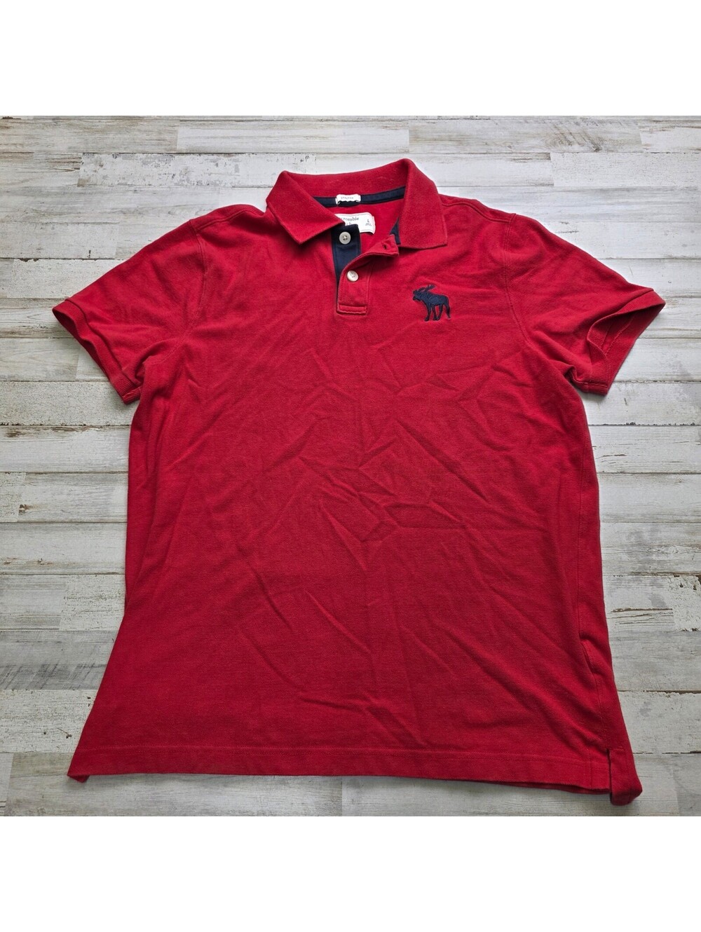 Abercrombie & Fitch Men's Polo Shirt L Red Stretch Cotton Navy Moose Logo A&F